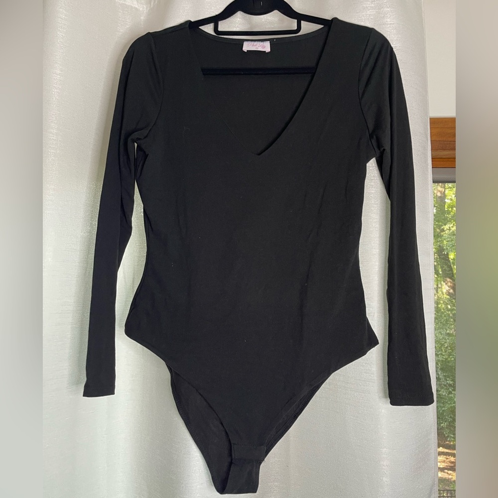 Pink Lily V-Neck Black Bodysuit